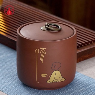 Hũ đựng trà gốm hoạ tiết chú tiểu a02