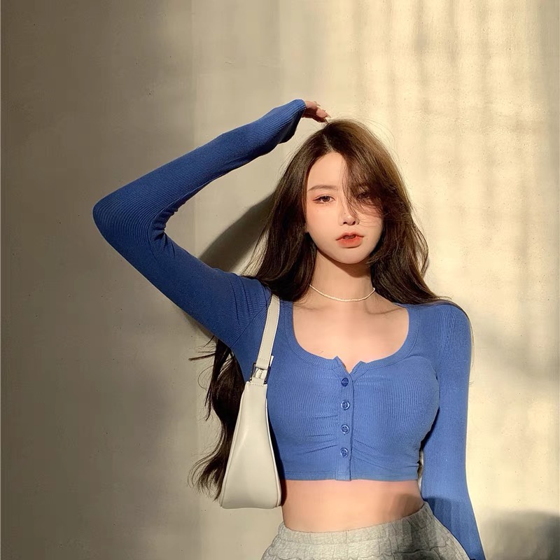 Áo thun tay dài cổ chữ U màu sắc đơn giản phong cách Hàn Quốc cho nữ
 | BigBuy360 - bigbuy360.vn