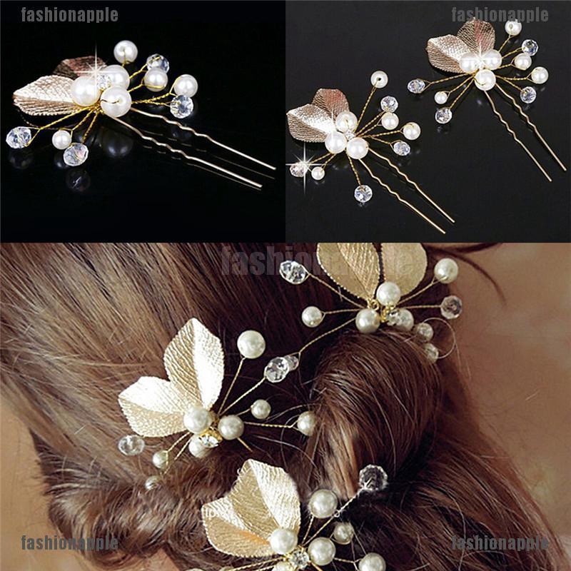 Set 4 trâm cài tóc hình lá kết ngọc trai và hạt đá giả thanh lịch đẹp mắt cho cô dâu