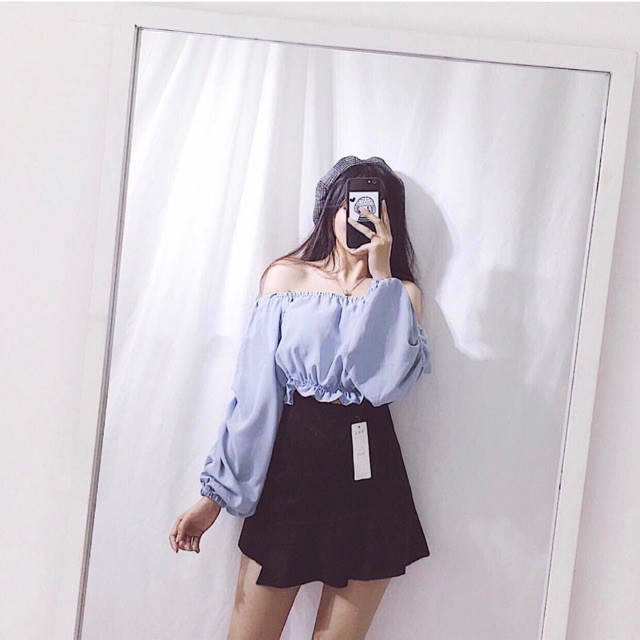 Áo trễ vai croptop tay dài nhún kaia trắng | WebRaoVat - webraovat.net.vn