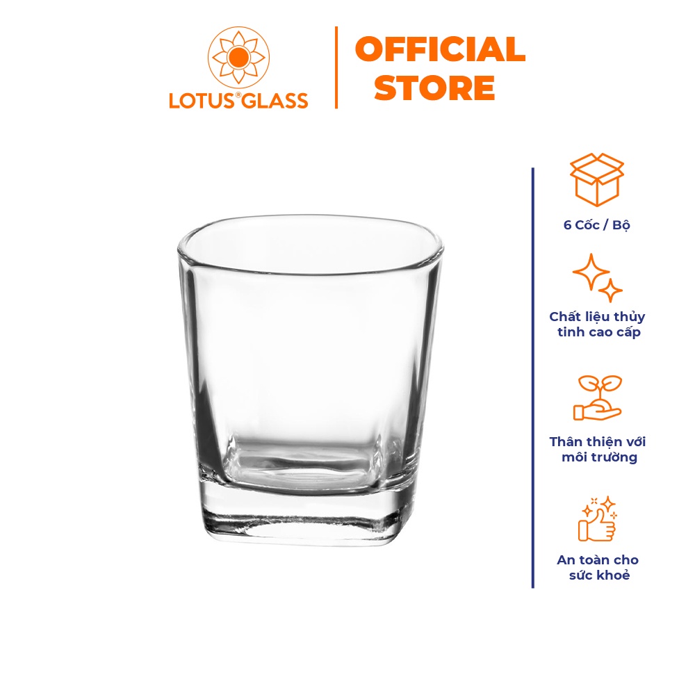Bộ 6 cốc dáng vuông thấp thủy tinh LOTUS GLASS VTC236 trong suốt cao cấp, an toàn, dùng để uống nước, trà đá, cafe