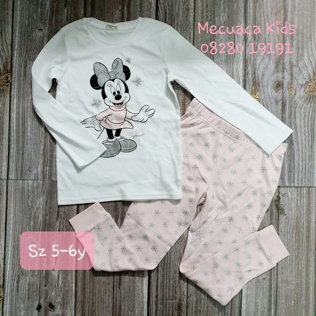 [5-6y] Bộ ngủ cotton mặc nhà dài tay thu đông Disney mickey áo trắng cho bé gái xuất dư
