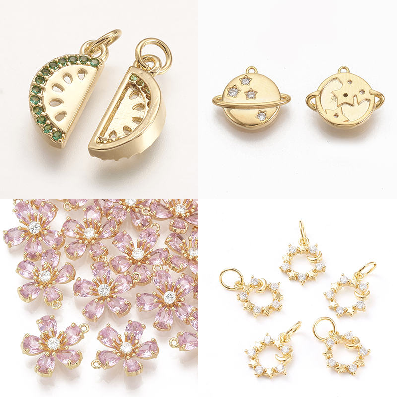 2pcs Brass Micro Pave Clear Cubic ia Charms for DIY Jewelry Making Nickel Free Planet Gold Plated 10.5x12x2mm Hole: 0.8mm