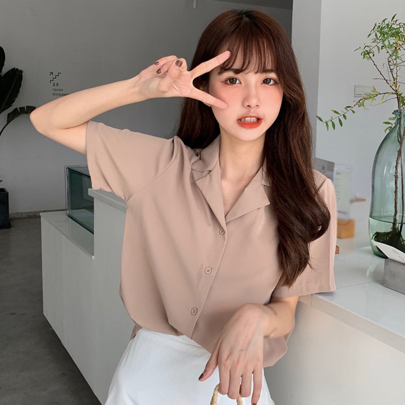 Áo Sơ Mi Tay Ngắn Dáng Rộng Cài Khuy Màu Sắc Đơn Giản Thời Trang Cho Nữ