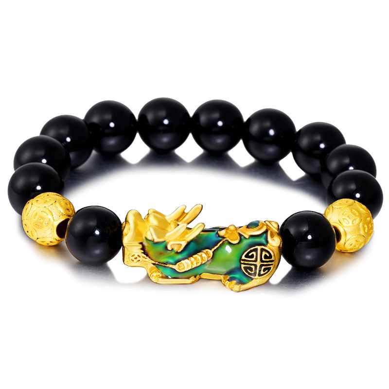 Vòng Đeo Tay May Mắn Xâu Hạt Đá Obsidian Vàng Mang Lại May Mắn Phong Thủy Có Thể Điều Chỉnh Unisex