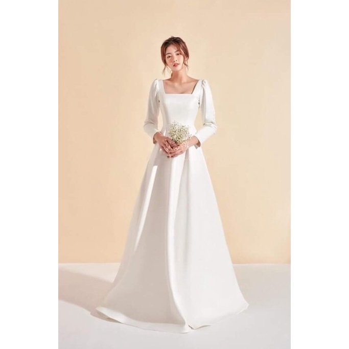 🔥𝓠𝓾ả𝓷𝓰 𝓒𝓱â𝓾 CAO CẤP🔥 Đầm dạ hội dáng xòe cổ vuông tay dài màu trắng vải phi mờ cao cấp đi tiệc ladyvin
