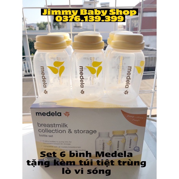 Set 6 Bình trữ sữa Medela 150 ml in logo màu ( tặng kèm túi tiệt trùng lò vi sóng)