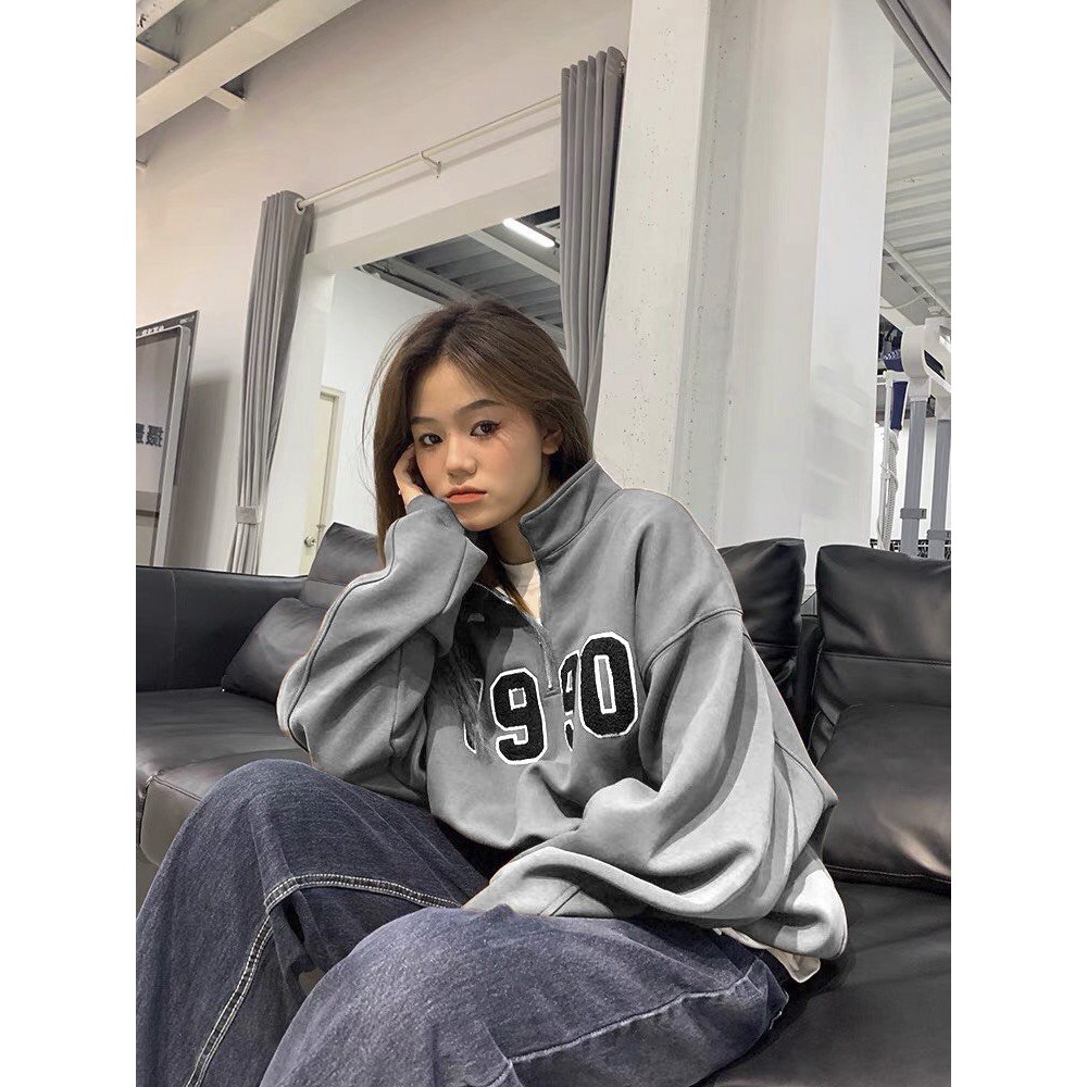 Áo sweater nỉ tăm nam nữ khóa cổ cao 1990 freesize Cheapy màu xanh ghi phom rộng dáng suông local brand  hàn quốc C614 | BigBuy360 - bigbuy360.vn