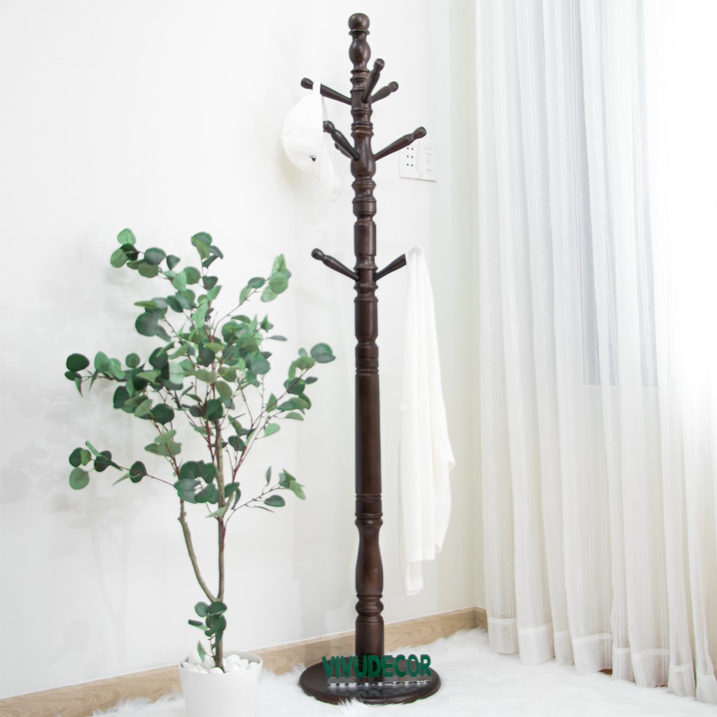 Móc treo quần áo Vivudecor gỗ đứng decor trang trí phòng ngủ nhà 9 nhánh màu Walnut QP