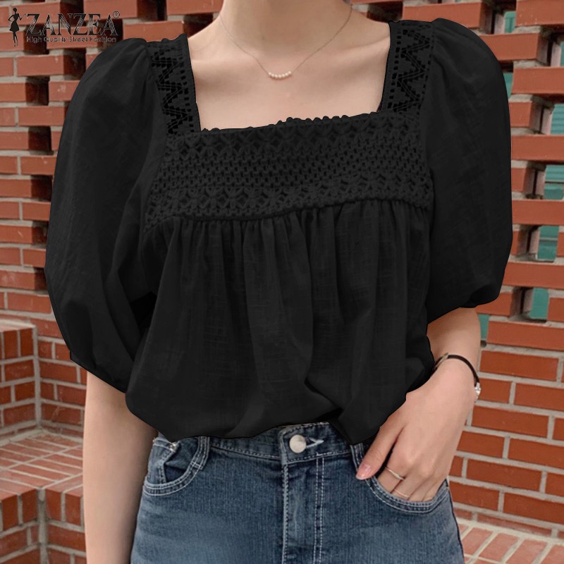 Zanzea Áo Kiểu Tay Phồng Cổ Vuông Xếp Ly Thời Trang Hàn Quốc Dành Cho Nữ