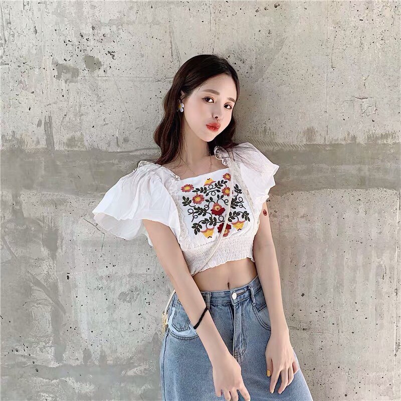 Áo Voan Kiểu Form Croptop Phối Tay Cánh Tiên Kèm In Hình Hoa Văn Thổ Cẩm Độc Đáo TTS0682