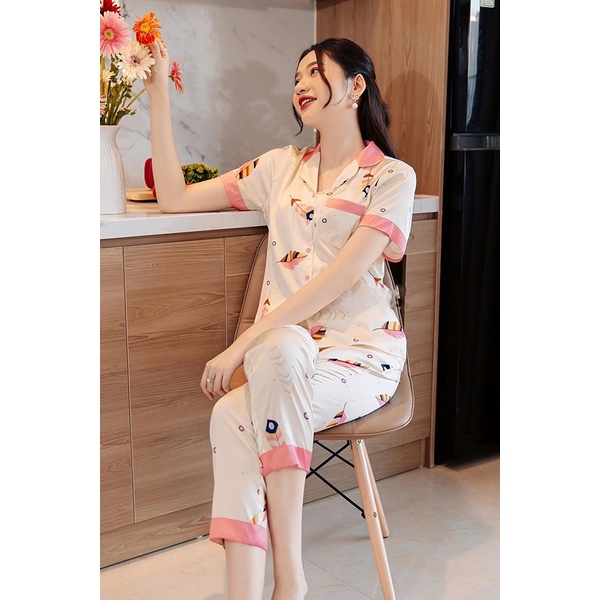 Bộ pijama lụa satin họa tiết cộc tay p1036 | BigBuy360 - bigbuy360.vn