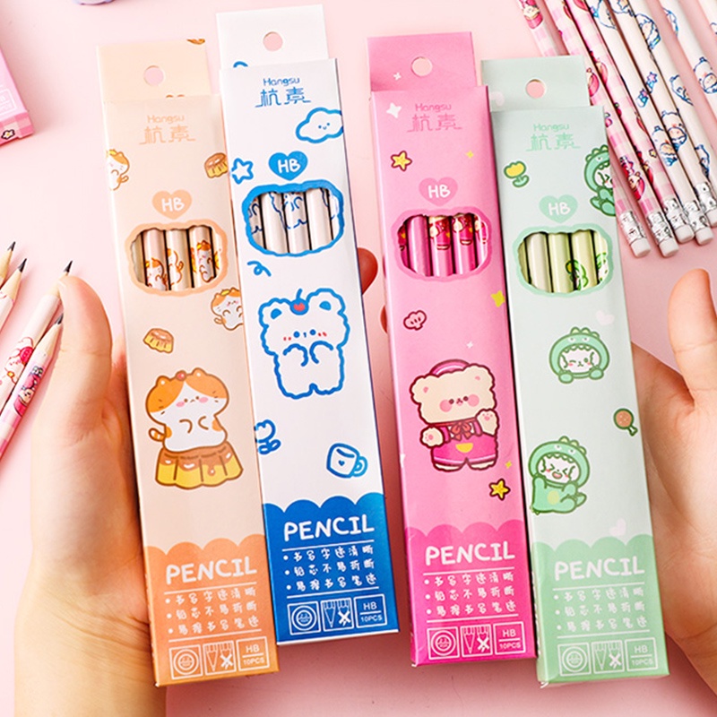Set 10 Bút Chì Hb Kiểu Hoạt Hình Xinh Xắn Phong Cách Hàn Quốc Kèm Gôm Tẩy Tiện Dụng