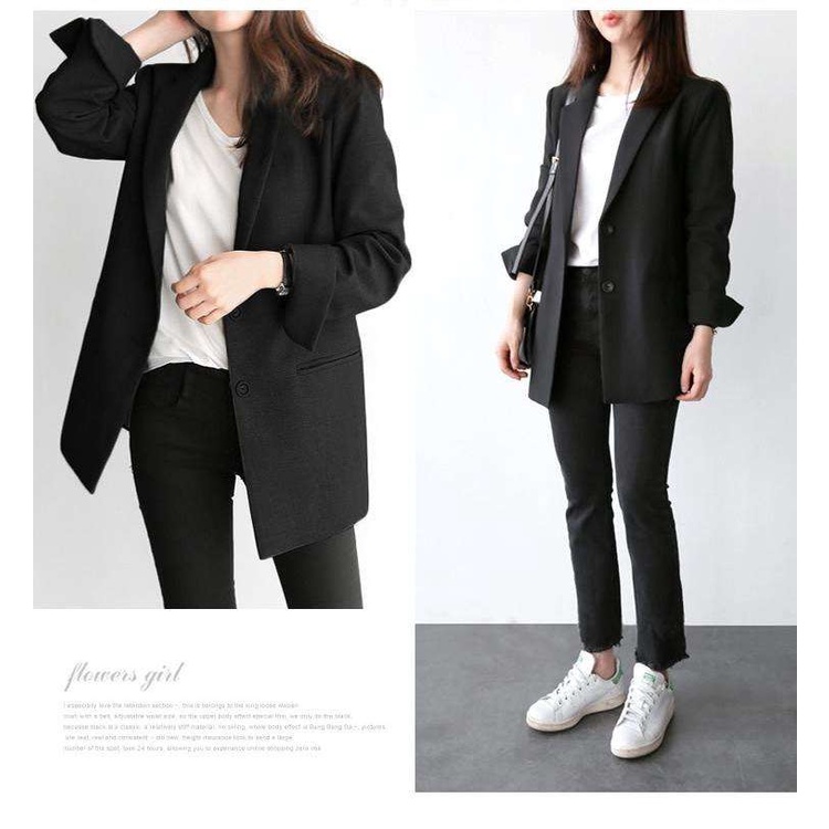 Áo khoác blazer dáng rộng màu đen trơn phong cách Hàn Quốc cho nữ blazer