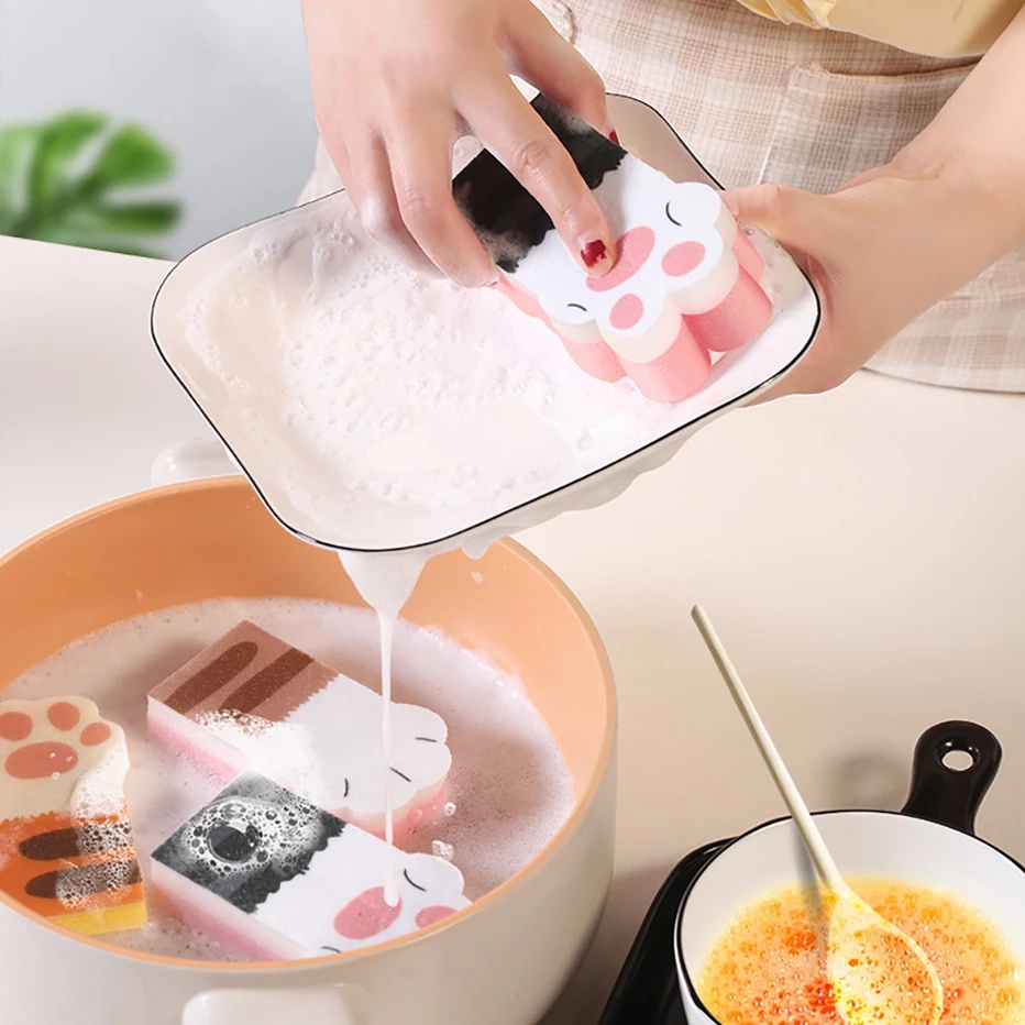 Set 3 Miếng Bọt Biển Rửa Chén Hình Chân Mèo Đa Năng