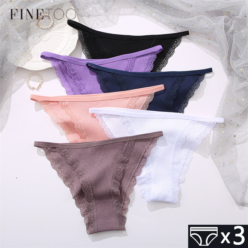 FINETOO Set 3 quần lót cotton phối ren xinh xắn cho nữ