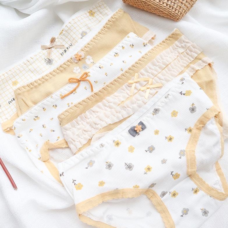 [Giá sỉ] Quần Lót Nữ Cotton Tăm Co Giãn Họa Tiết Hoa Vàng Hoàng Kim Dễ Thương Tone Màu Vàng Nhẹ Nhàng