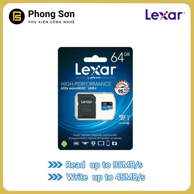 Thẻ nhớ Lexar Micro SDXC 64GB 633X 95MB/s A1 dành cho Camera hành trình, Gopro,Cam thẻ thao,Camera IP .. | BigBuy360 - bigbuy360.vn