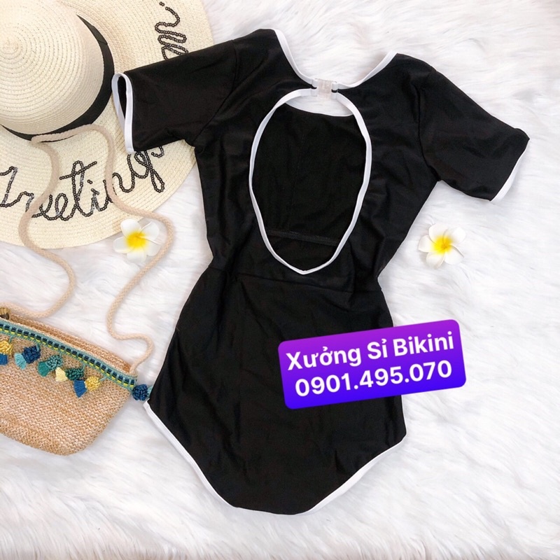 Bikini 1 mảnh Đồ bơi nữ liền mảnh CÀI KHÓA SAU  khoét lưng màu đen viền trắng sporty nhiều kiểu