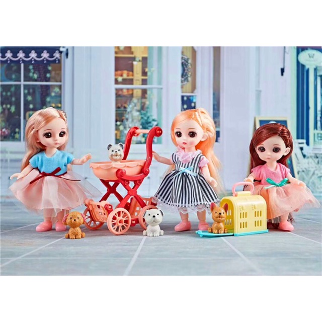 Có sẵn Nhiều mẫu  Set Búp bê kèm xe đẩy, túi xách , giường , máy giặt &amp; thú cưng  Cao 15cm &amp; 30cm