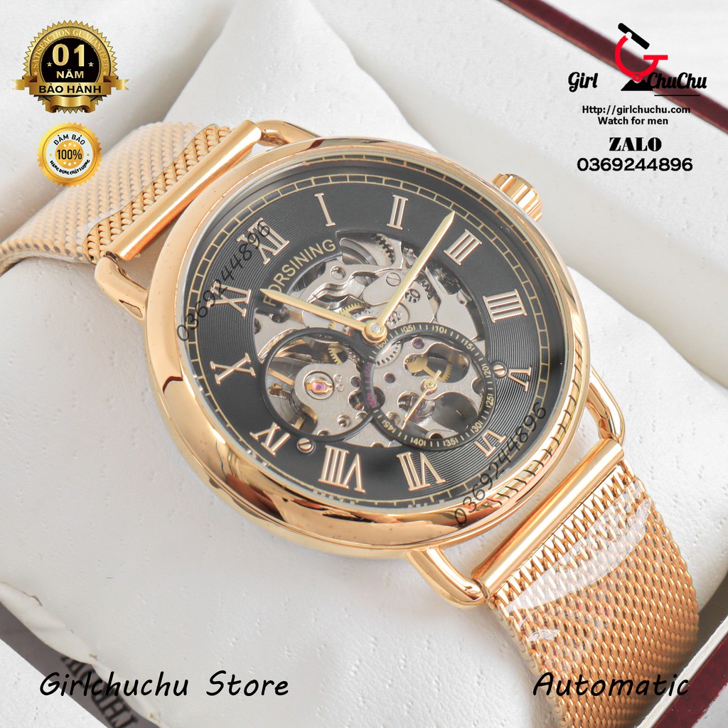 Đồng hồ nam Forsining full vàng gold với máy cơ lộ 2 mặt, dễ dàng ngắm các chi tiết máy chuyển động cực đẹp mắt