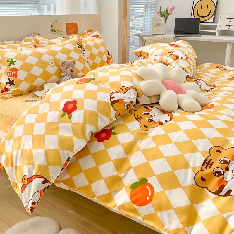 Bộ chăn ga gối cao cấp ETAMI cotton poly hổ kẻ cam miễn phí bo chun drap giường , ga trải giường