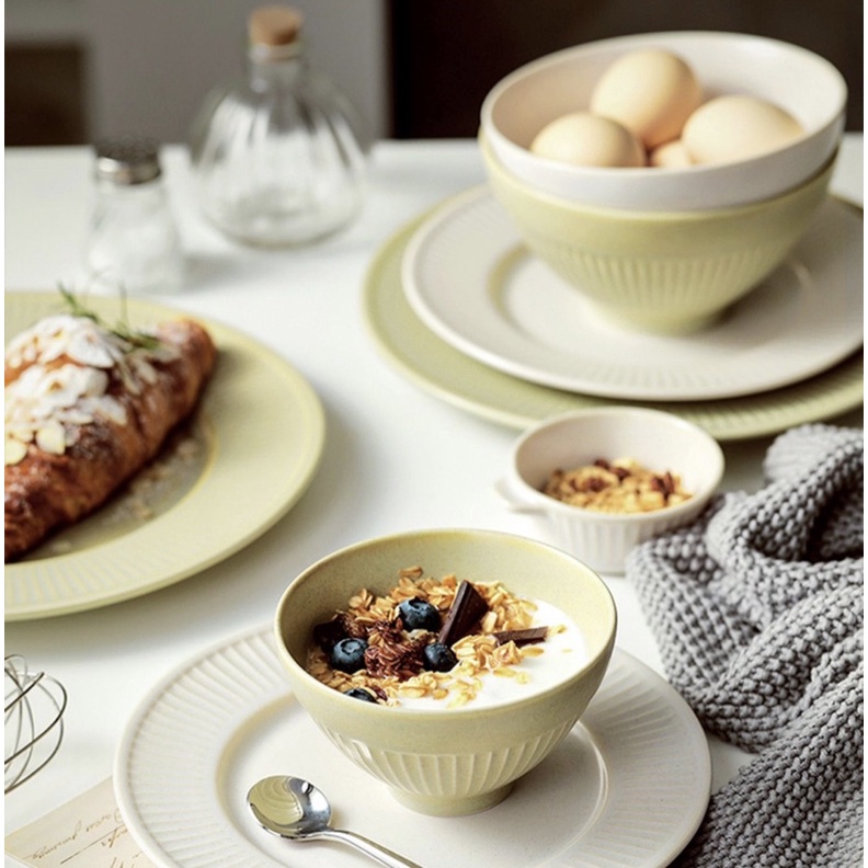 Bộ bát đĩa gốm xanh bơ mix trắng vân sọc phong cách Bắc Âu