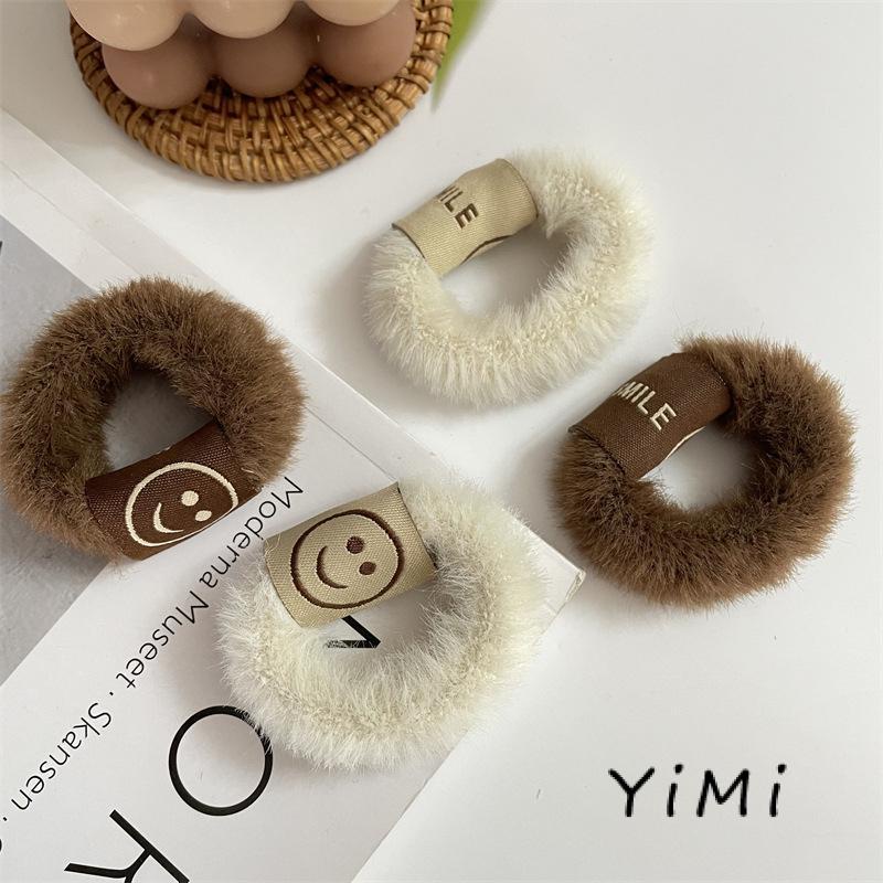 Dây buộc tóc lông mịn đính mặt cười dễ thương thời trang mùa đông phong cách Hàn Quốc cho nữ