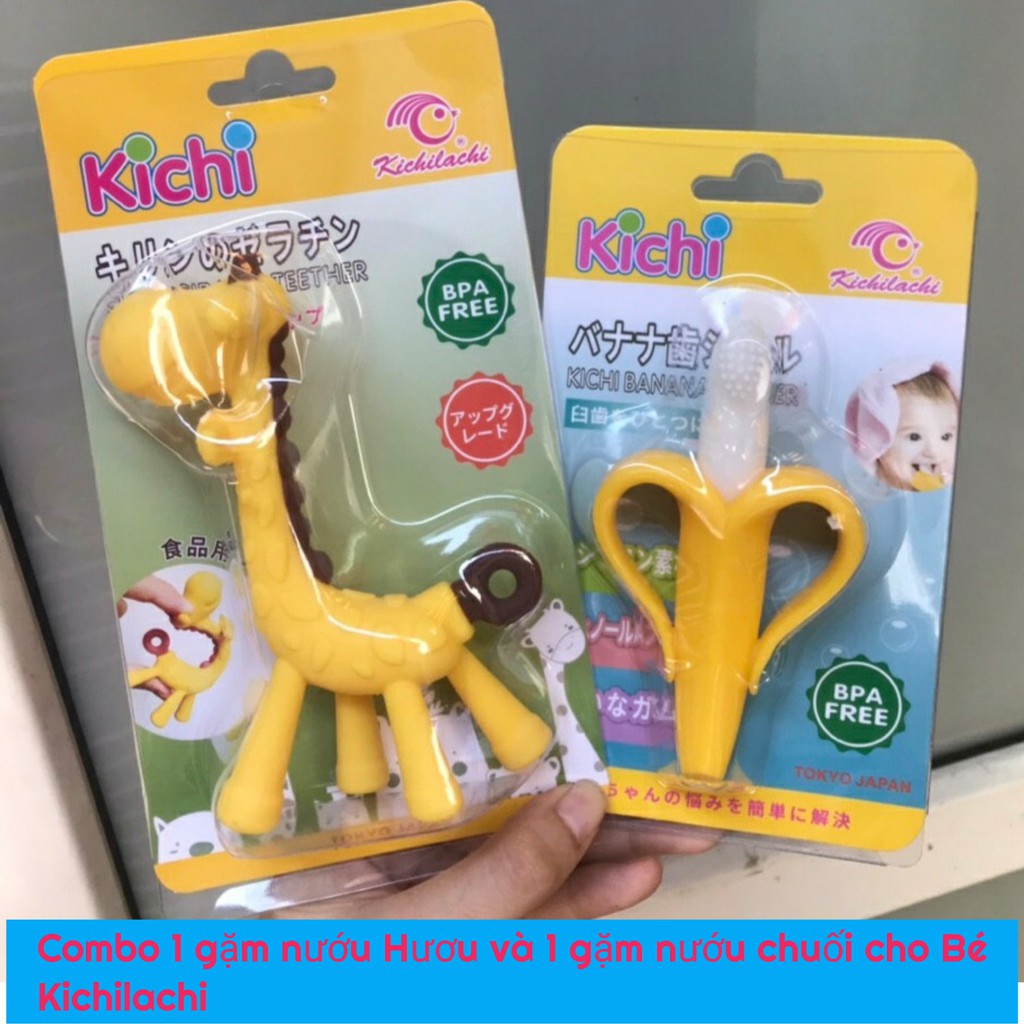 Combo Ngặm nướu hươu cao cổ và chuối silicone an toàn cho Bé Kichilachi Kichi (Công nghệ Nhật)