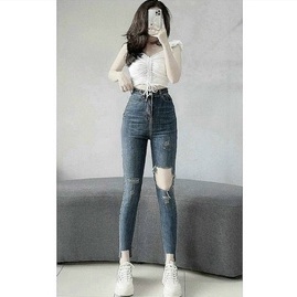 Quần jean dài rách ô vuông gối 1 bên cực hot , chất jean co giãn thoải mái ( ảnh thật )