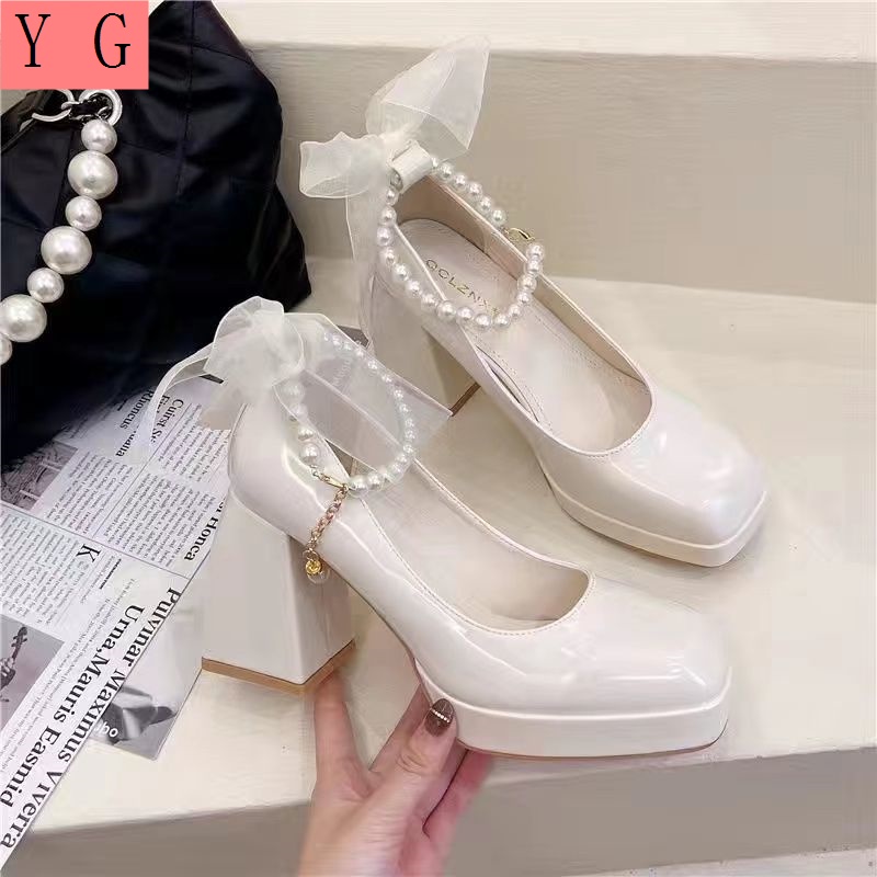 Giày Cao Gót Mũi Vuông Đế Dày Đính Nơ Và Ngọc Trai Chống Thấm Nước Kiểu Mới Thời Trang Xuân Hè 2022 Cho Nữ Size Lớn 42