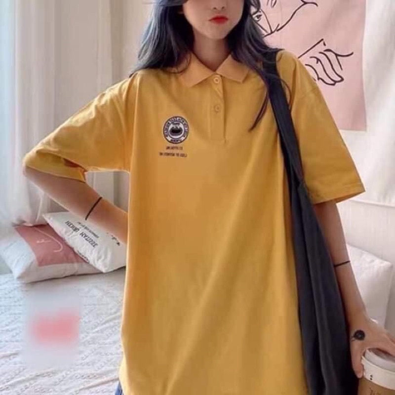 Áo thun tay lỡ có cổ dạng polo basic LoGo ngực màu vàng cực nổi bật mùa hè, áo thun
