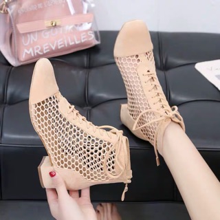 [ SẴN ĐEN S39 ] Boots lưới cổ thấp da lộn gót vuông 3cm