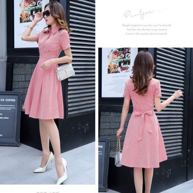 ĐẦM XÒE SỌC PHỐI DÂY THẮT EO ĐAN CHÉO