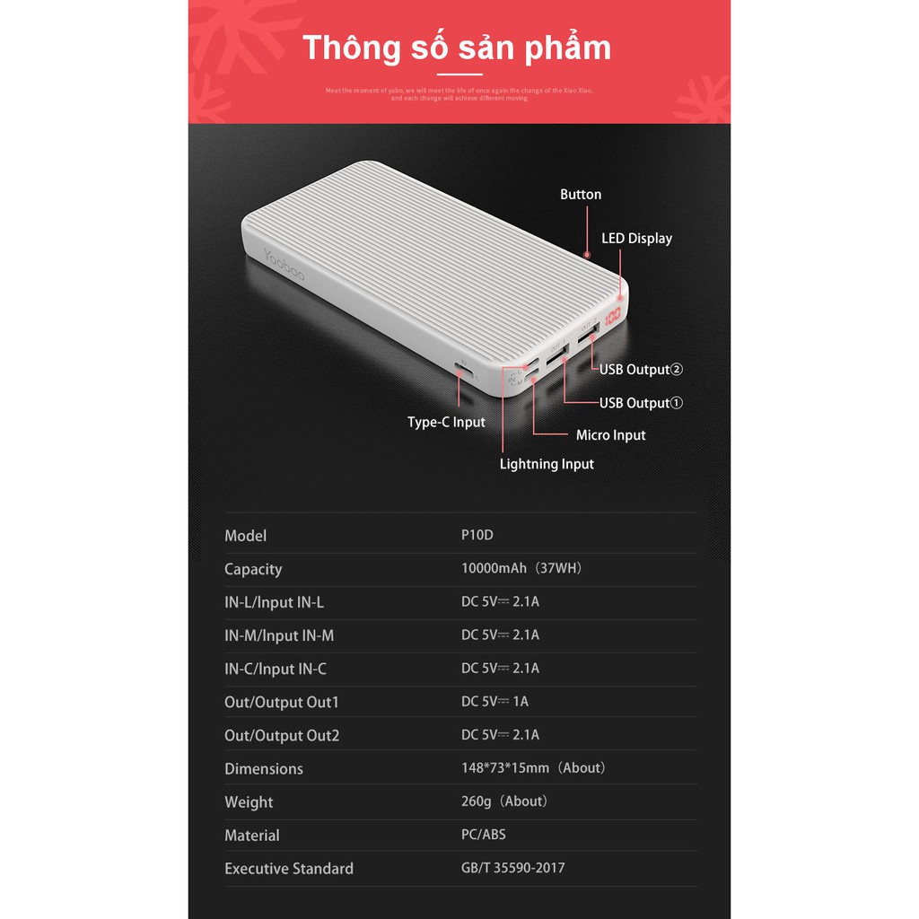 [Mã 2404EL10K giảm 10K đơn 20K] Pin Sạc dự phòng YOOBAO P10D 10000mAh Slim; 3 đầu vào/ 2 đầu ra/ LED - Hàng chính hãng