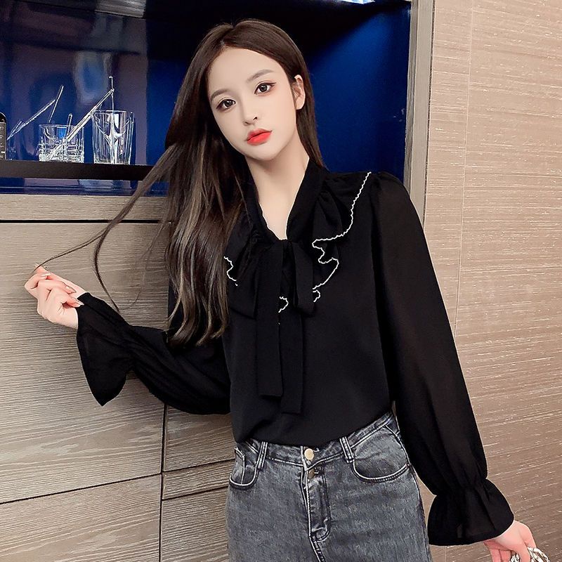 Áo Sơ Mi Chiffon Tay Dài Ống Loe Cổ Chữ V Thời Trang Mùa Thu Kiểu Mới Dành Cho Bạn Nữ