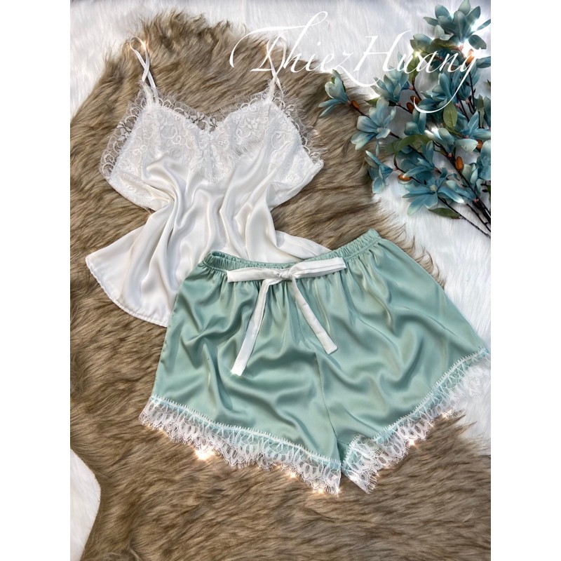 Set ngủ 2 dây lụa phối ren sexy cao cấp ( Mua 2 set tặng kèm tuban )