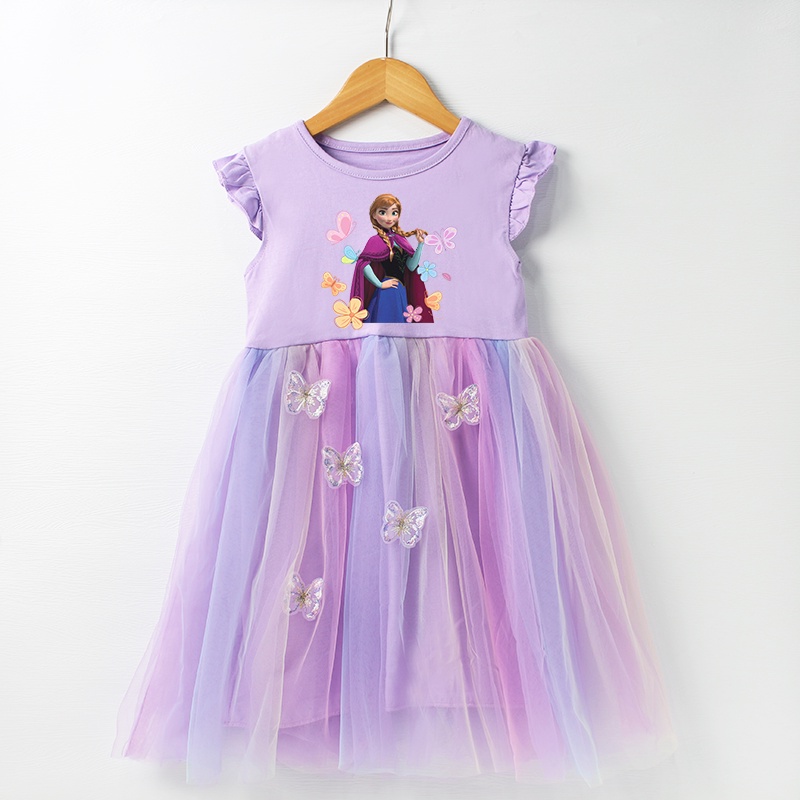 Váy Tutu Lưới Tutu Công Chúa Elsa Và Anna Cầu Vồng Thêu Hình Bướm 3D Chất Lượng Cao Cho Bé Gái