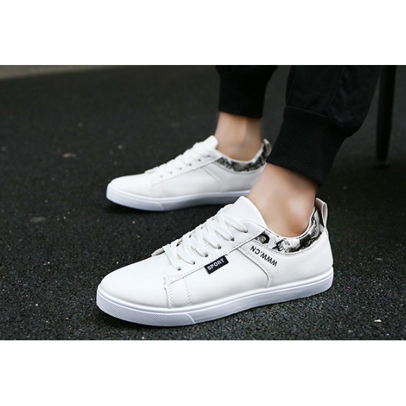 Giày Thể Thao Da Trắng Cổ Thấp Có Họa Tiết, Giày Nam 037