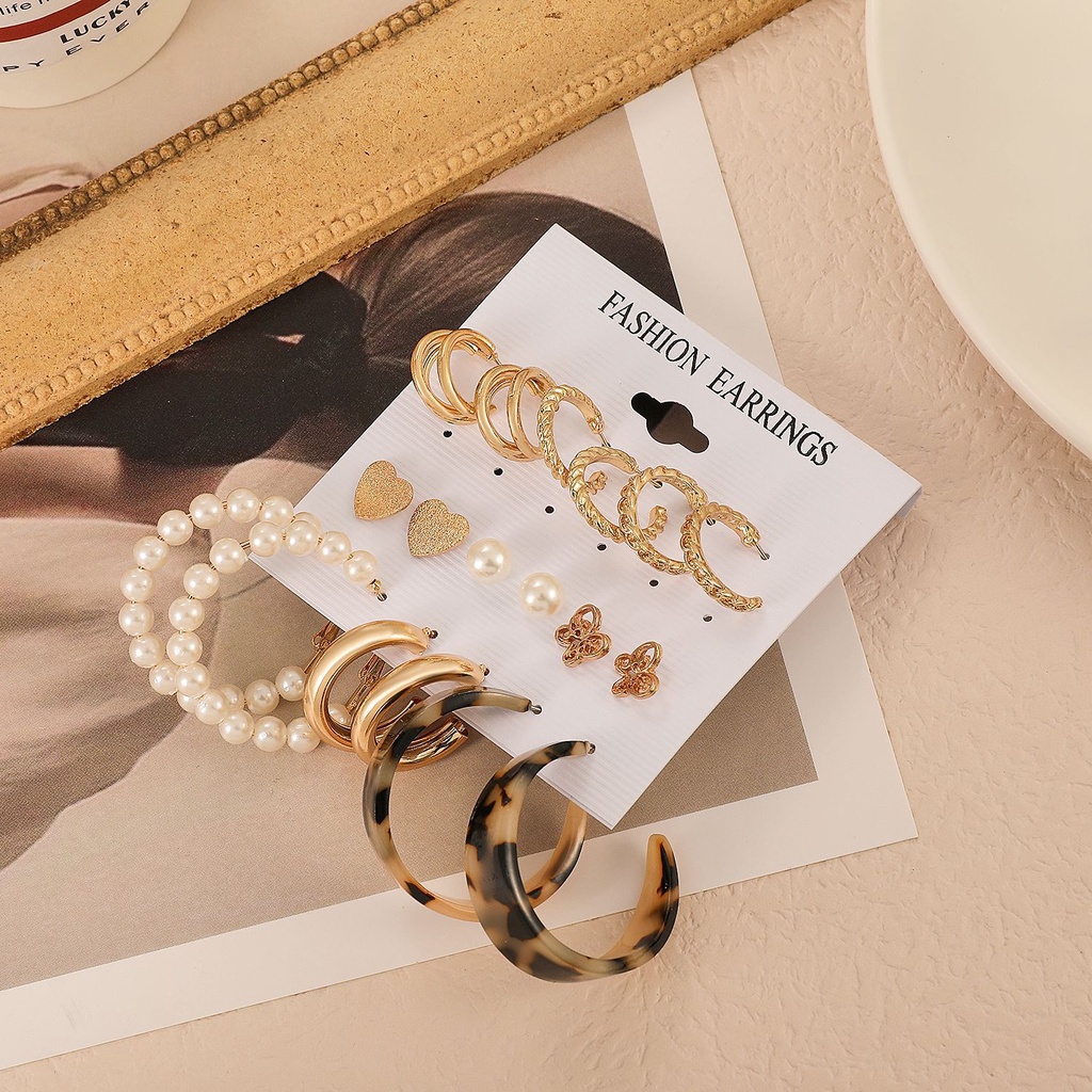 Bộ Khuyên Tai / Bông Tai Tròn Đính Kim Cương &amp; Ngọc Trai Giả Bằng Kim Loại Kiểu Hình Học Cho Nữ