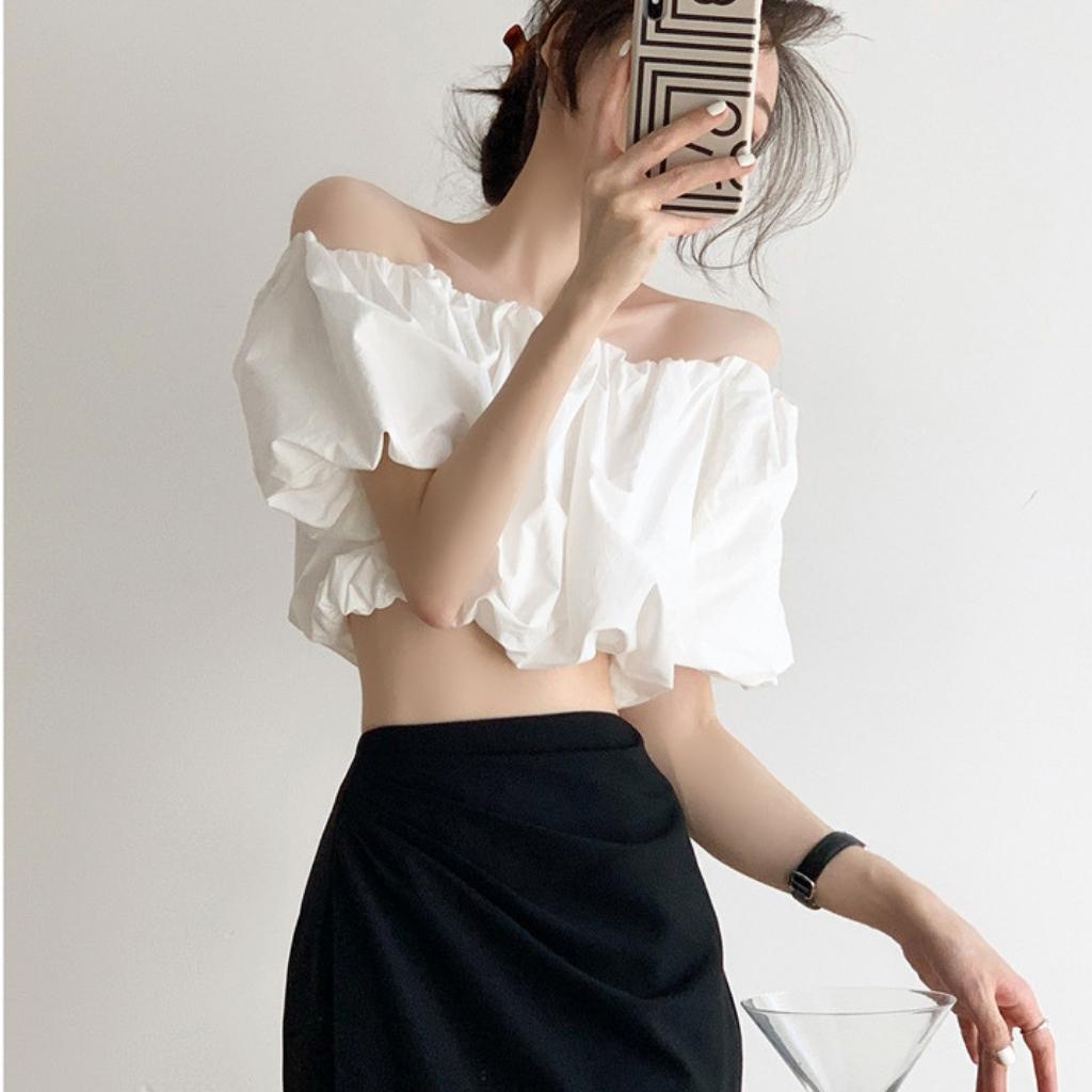 Áo croptop trễ vai tay phồng Xquin áo kiểu nữ bẹt vai tay phồng 2 lớp nhún lưng ôm dáng bánh bèo