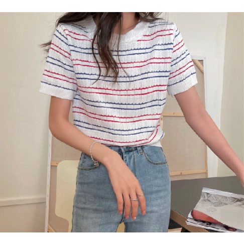 Áo thun nữ cổ tròn ngắn tay họa tiết kẻ sọc 8 màu thời trang
