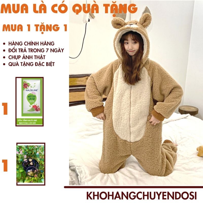 Bộ ngủ lông gấu màu nâu, bộ gấu liền thân thêu hình đẹp cho nữ siêu ấm, đồ ngủ mùa đông lông cừu giữ nhiệt tốt-THONGTHU