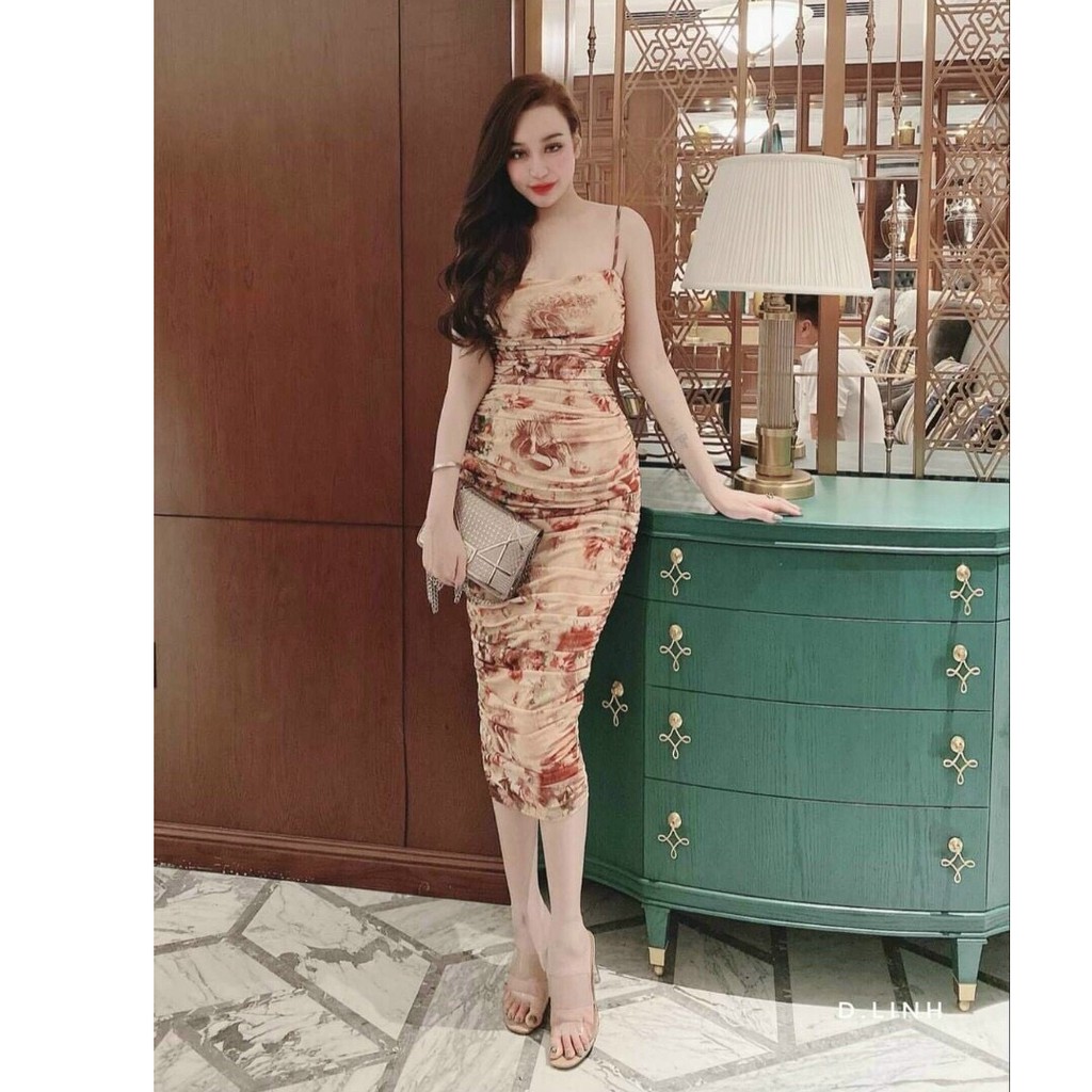 Đầm Body Họa Tiết 2 Dây Xếp Ly ,Có Mút Ngực,Màu Sắc Nhã Nhặn Thật Sự Phù Hợp Để Tới Công Sở, Đi Làm Hoặc Đi Chơi
