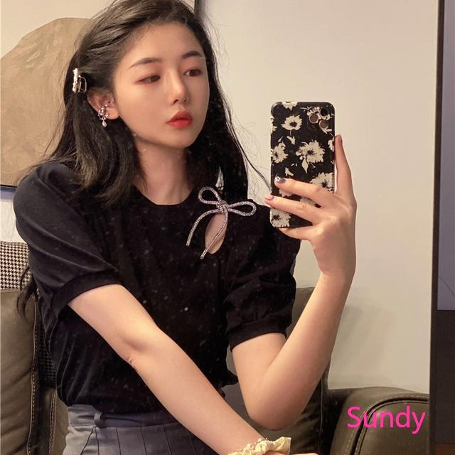 Áo tay ngắn cổ tròn thắt nơ thời trang mùa hè dáng rộng phong cách Hàn Quốc thiết kế mới dành cho bạn nữ