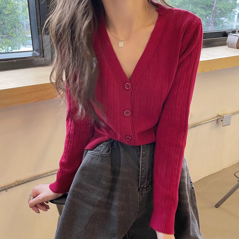 Áo Khoác Cardigan Dệt Kim Tay Dài Cổ V Kiểu Pháp Xinh Xắn Cho Nữ