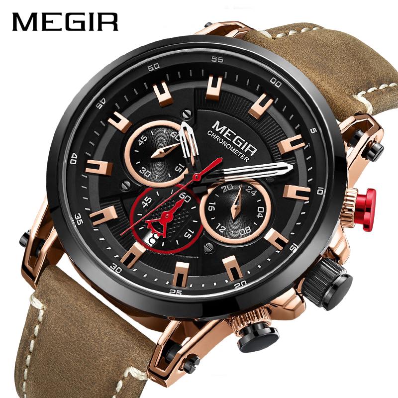 Đồng hồ quartz MEGIR 2085 chống thấm nước với dây đeo da