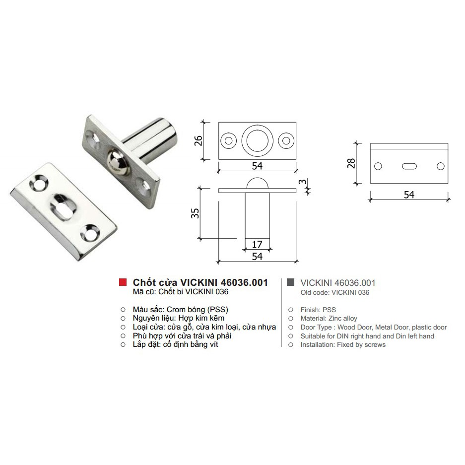 Chốt bi VICKINI 46036.001 CP trắng