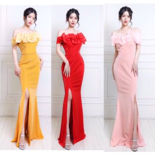 Đầm dạ hội trễ vai kết bông cao cấp