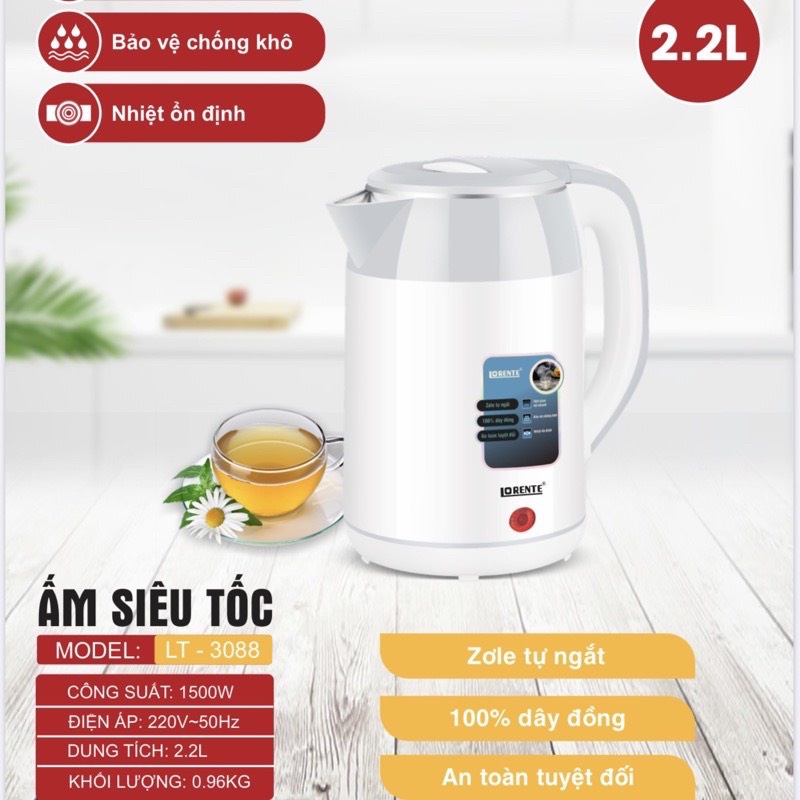 Ấm siêu tốc cao cấp Lorente LT-3099- LT 3088 Bình đun siêu tốc dung tích 2,5LÍT Chính Hãng(  BH12 tháng)